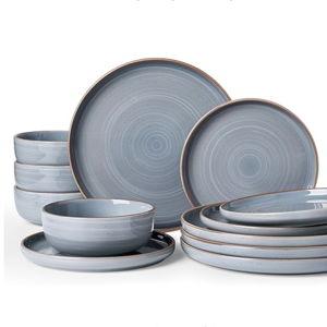 Famiware Meteor Plates and Bowls Sets for 4, 12 Pieces Dinnerware Sets, Microwave and Dishwasher Safe Dishes Set, Blue Gray