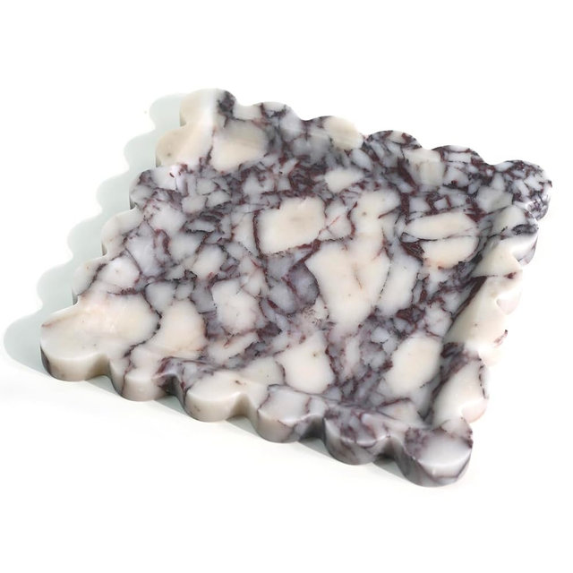 Natural 100% Marble Vanity Tray Luxury Scalloped Marble Storage Square Rectangle Tray for Home Decor Stone Tray for Bathroom Kitchen Candle Key (Square-9.8 * 9.8-Calacatta Viola)