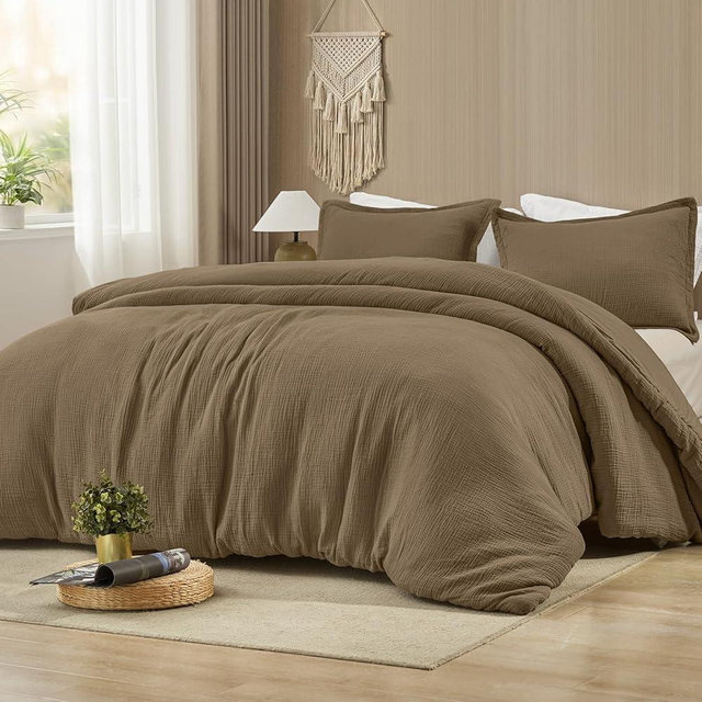 PHF Cotton Muslin Comforter Set King – 100% Cotton Cover, Ultra Soft & Breathable, 3PCS Lightweight All-Season Bedding with Polyester Fill, 1 Comforter 104"x90" & 2 Pillow Shams 20"x36", Mocha