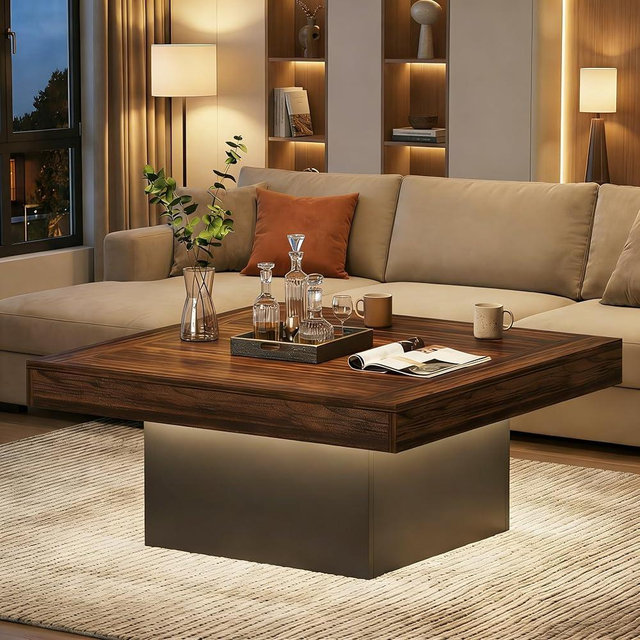 Tribesigns LED Coffee Table for Living Room, Modern Square Farmhouse Coffee Table with APP Control, 35.4" Walnut Wood Center Table, Easy Assembly