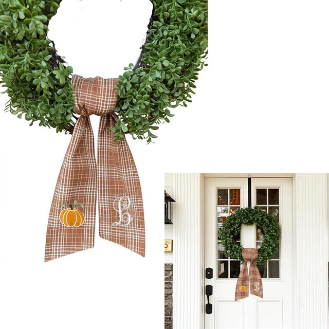 Autumn Door Wreath Sash Embroidered with White Letters and Pumpkins On A Plaid Wreath Sash Ideal for Housewarming Gifts, Autumn Thanksgiving, Halloween, and Christmas Porch Decorations -L