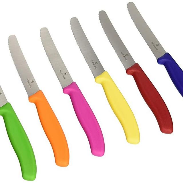 Victorinox Swiss Stainless Steel 6 Piece Round 4.5 Inch Serrated Steak Knife Set, 4.72 x 4.72 x 4.72 inches, Green, Orange, Pink, Yellow, Red, and Blue