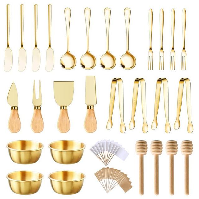 48 Pcs Charcuterie Boards Accessories Butter Spreader Knives Set Stainless Steel Cheese Mini Serving Tongs Spoons Forks Dipping Bowls Toothpick Flags Utensils for Pastry Making Wedding Christmas(Gold)