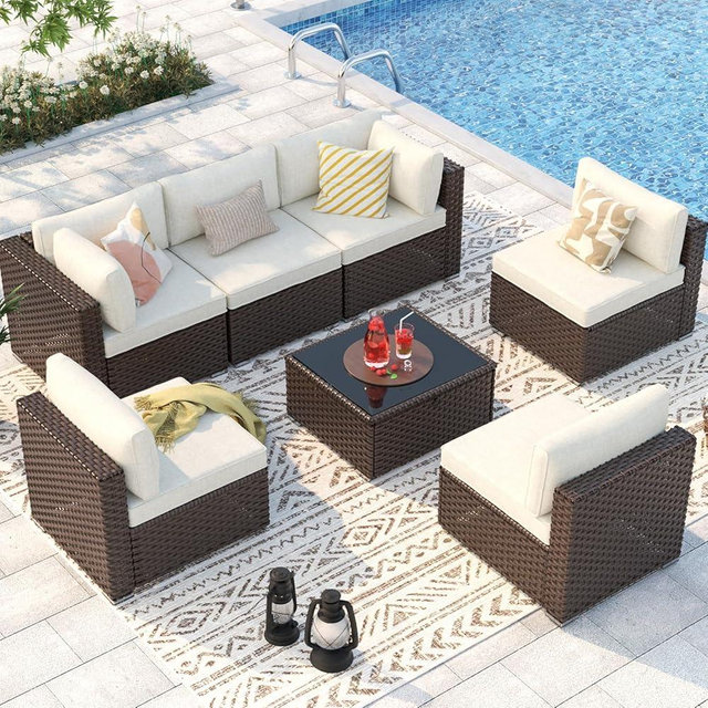 MEISSALIVVE 7 Pieces Patio Conversation Sets, Modern Rattan Wicker Outdoor Sectional Sofa Set, All-Weather Wicker Patio Furniture Set with Adjustable Seat, Soft Cushions & Coffee Table, Brown