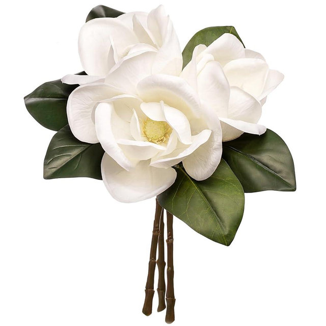 FlorisDecor 3 Stems Real Touch Creamy White Southern Magnolia Flowers, Artificial Realistic Magnolia Grandiflora for Home Décor