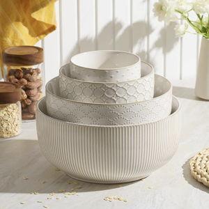 Mikiegy Ceramic Mixing Bowls Set of 4, Nesting Ceramic Embossment Stoneware Mixing Bowls for Cooking, Serving, Popcorn, Salad etc, Microwave & Dishwasher Safe, 20/44/98/145 oz, Off-White