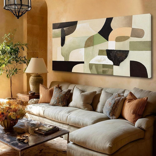 ZUNARE Abstract Green Neutral Bowl-shaped Wall Art Mid Century Inspired Color Block Design Oriental Aesthetics Ceramic vessel form Artwork for Living Room Bedroom Office Decor 29x58 Inch