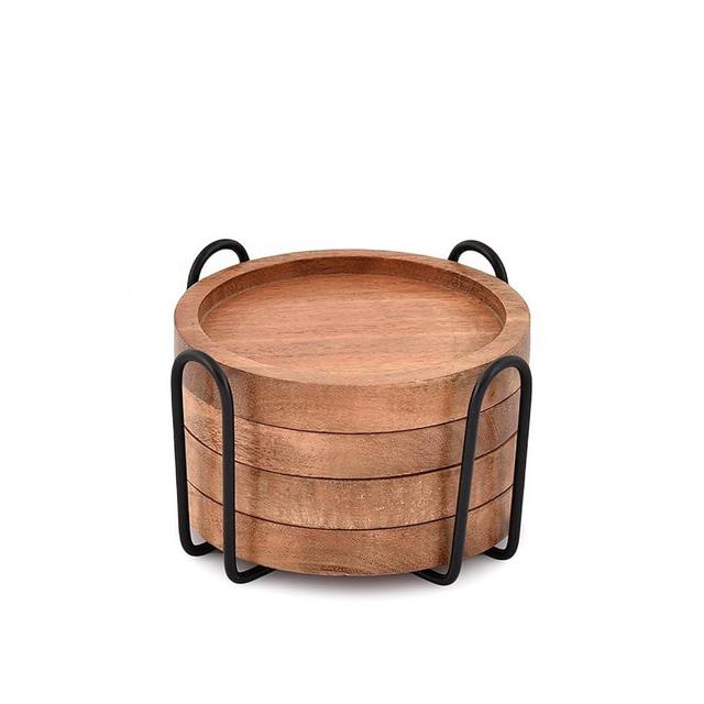 EDHAS Acacia Wood Round Coasters Set of 4 with Iron Holder for Drinks, Tabletop Protection for Any Table Type for Bar Kitchen Home Apartment (4 x 4 x 0.5)