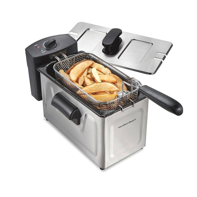 Hamilton Beach Family Style Electric Deep Fryer, Includes Frying Basket with Hooks, 1500 Watts, Easy Detach Magnetic Cord, 3 Liter / 12 Cup Oil Capacity, Stainless Steel (35220G)