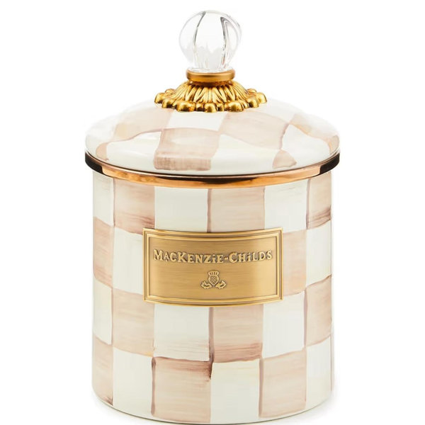 MACKENZIE-CHILDS Small Enamel Canister, Kitchen Storage Container with Lid, Brown-and-White Mocha Check