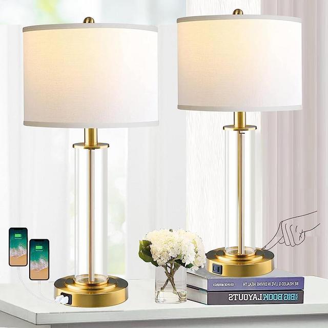 Table Lamps for Living Room,Touch Control Gold Lamps for Bedrooms Set of 2,Modern Bedside Table Lamp with Dual USB Ports,Tall Nightstand lamp with Whites Lampshades Home Decor (2 Bulbs Included)