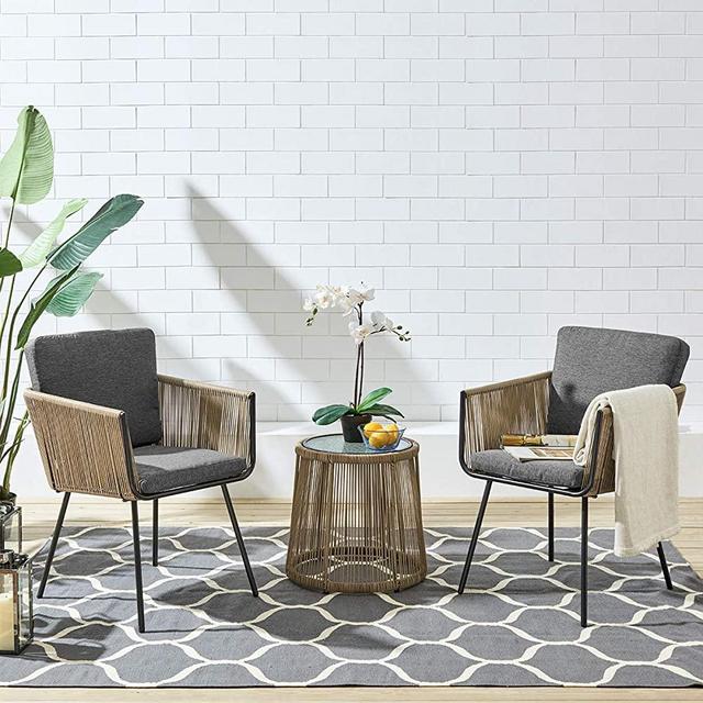 Barton 3-Piece Outdoor All-Weather Wicker Conversation Bistro Furniture Set w/ (2) Chairs and Glass Top Side Table, Gray