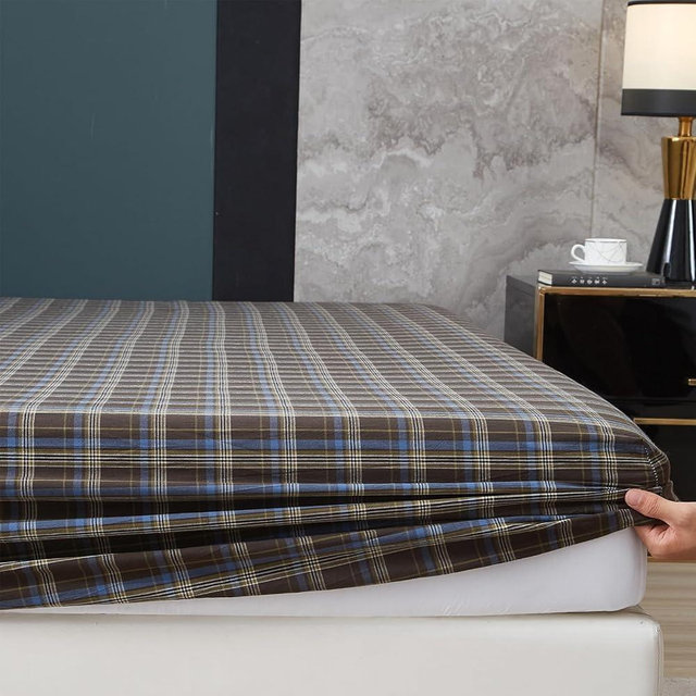 MKXI Vintage Collegiate Percale-Washed Fitted Sheet King - Lightweight & Breathable Cotton Grid Bedding, 15" Deep Pocket, Brown/Blue/Green Plaid - 1 Piece Bottom Sheet