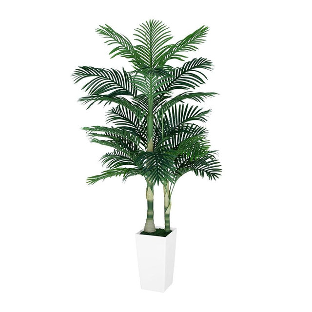 VIVATREES Golden Cane Palm Trees Artificial Indoor, 6FT Tall Faux Palm Tree with White Tall Planter, Artificial Plants with Natural Wood Trunk and Lifelike Leaves for Home Office Decor