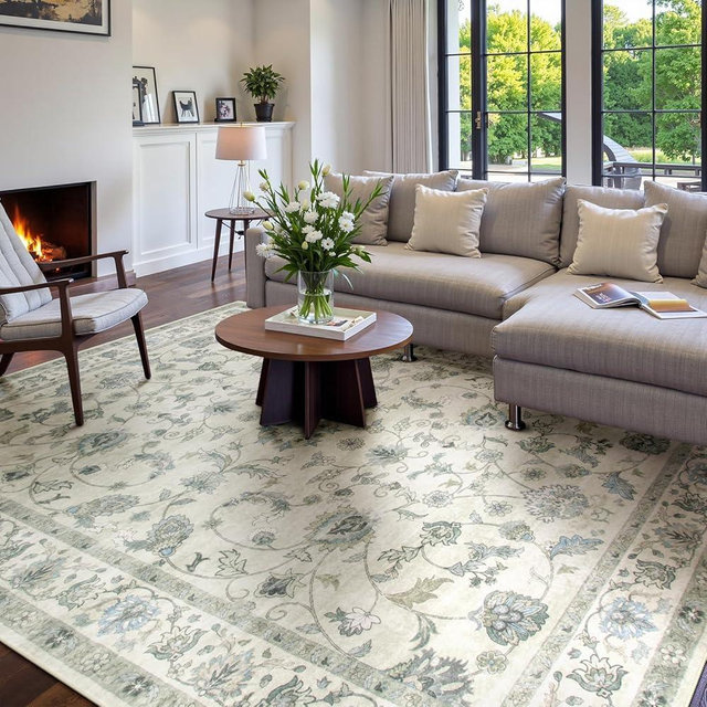 Wonnitar Washable 8x10 Area Rugs for Living Room, Soft Boho Floral Large Area Rug, Low Pile Non Slip Beige Floor Carpet for Bedroom Dining Room Home Office Department,(Grey-Beige,8x10)