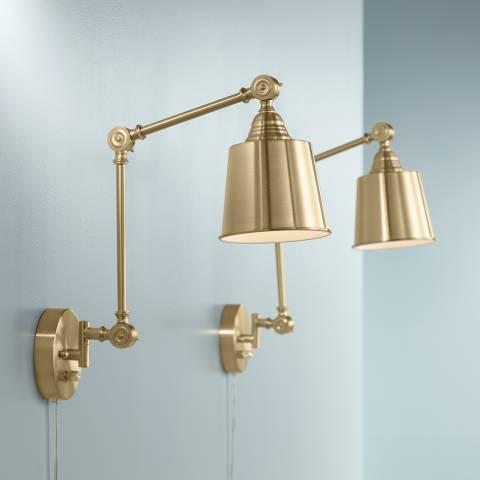Set of 2 Mendes Antique Brass Down-Light Plug-In Wall Lamps