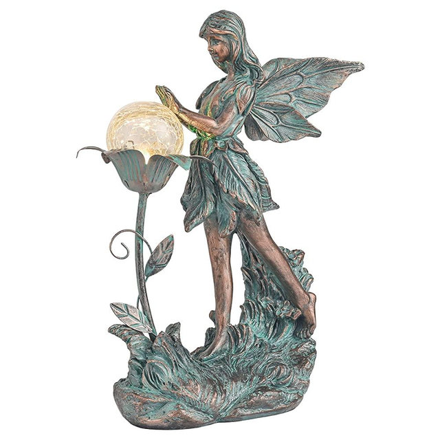 TERESA'S COLLECTIONS Large Fairy Garden Statue with Solar Powered Lights, Outdoor Angel Garden Sculptures & Statues Playing with Crackle Glass Globe, Garden Art for Lawn Patio Yard Decorations(Bronze)