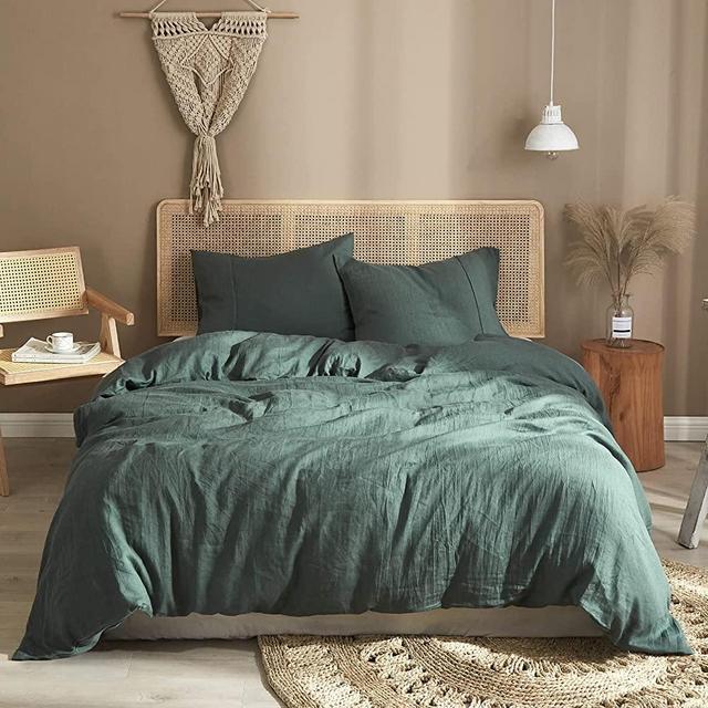 Ivellow Pure Linen King Duvet Cover 100% Washed French Flax Linen Duvet Cover King Size Soft Breathable Natural Green King Duvet Cover Linen Bedding Set 3 Pcs ( 1 Linen Duvet Cover 2 Pillow Shams)