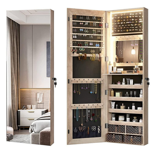 Vlsrka Mirror Jewelry Cabinet, Upgraded 3 LED Lights Wall/Door Mounted Jewelry Armoire Organizer, 47.2" Full Length Mirror with Storage, Built-in Lighted Mirror, 4 Drawers, 5 Shelves, Lockable, Wood