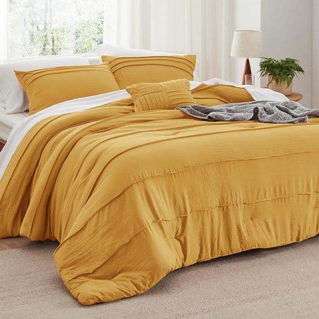 Bedsure Mustard Yellow Queen Comforter Set - 4 Pieces Pinch Pleat Bed Set, Down Alternative Bedding Sets for All Season, 1 Comforter, 2 Pillowcases, 1 Decorative Pillow