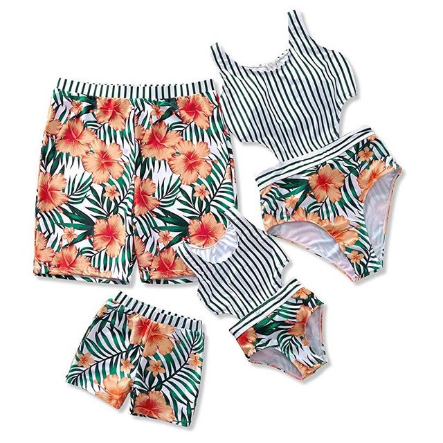 IFFEI Family Matching Swimwear One Piece Floral Printed Bathing Suit Tank Top Striped Beachwear Dark Green