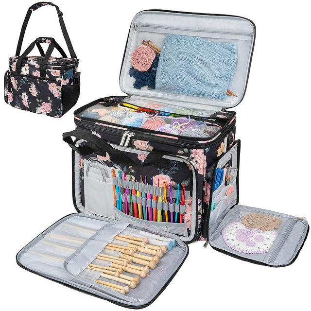 PAVILIA Knitting Bag Yarn Storage Tote, Large Crochet Organizer Bag, Yarn Storage Holder for Crocheting Knitter, Knitting Project Bag, Crochet Accessories Set, Gifts For Crochet Lovers, Soft Rose