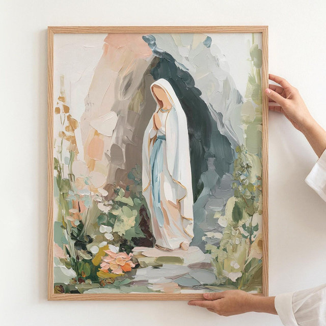 Artful Painting Our Lady of Lourdes Artwork Virgin Mary Catholic Modern Art Print Gift for Her Blessed Mother Neutral Christian Home Decor
