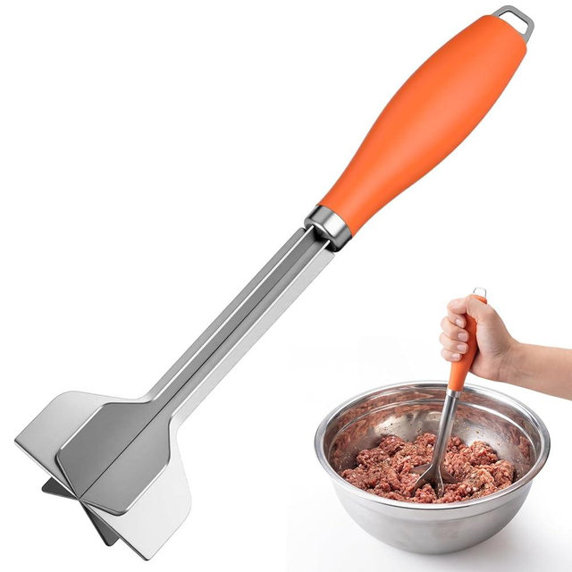 Acellegic Stainless Steel Meat Masher & Chopper for Ground Beef, 11.42" Heavy Duty Hamburger Chopper Utensil with Grip Handle, Heat Resistant Metal Potato Masher Tool, Mix & Smash Turkey Pork