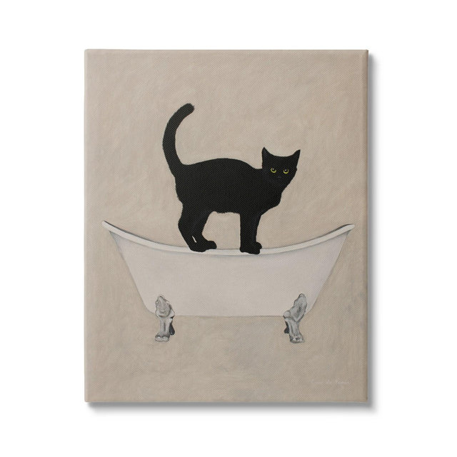 Stupell Industries Black Cat Simple Claw Foot Bathtub Bathroom Painting Canvas Wall Art, 16 x 20