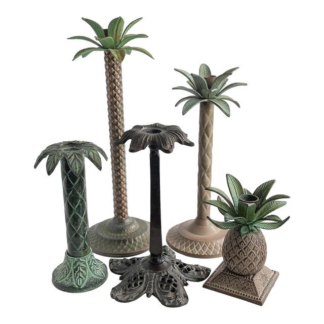 Vintage Mismatched Metal Palm Tree Candle Holders