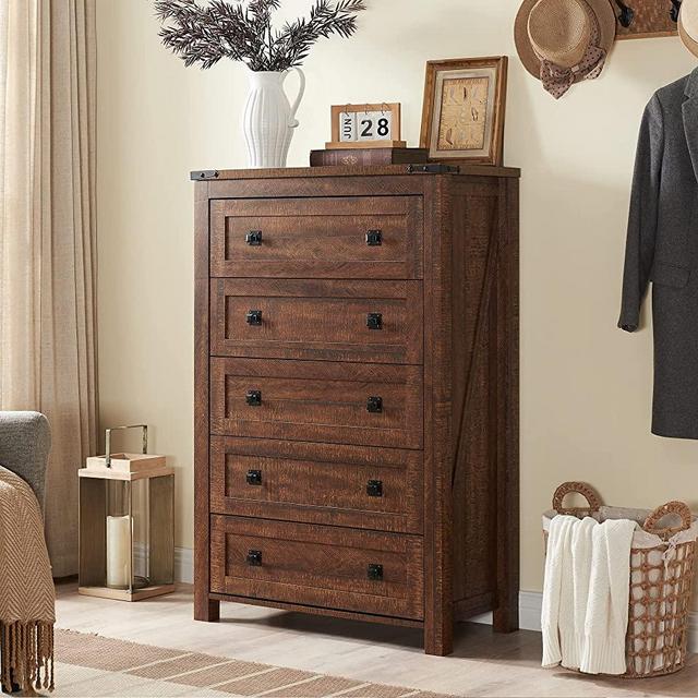 T4TREAM Farmhouse 5 Drawers Dresser Chests for Bedroom, Wood Rustic Tall Chset of Drawers,Dressers Organizer for Bedroom, Living Room,Hallway, Reclaimed Barnwood
