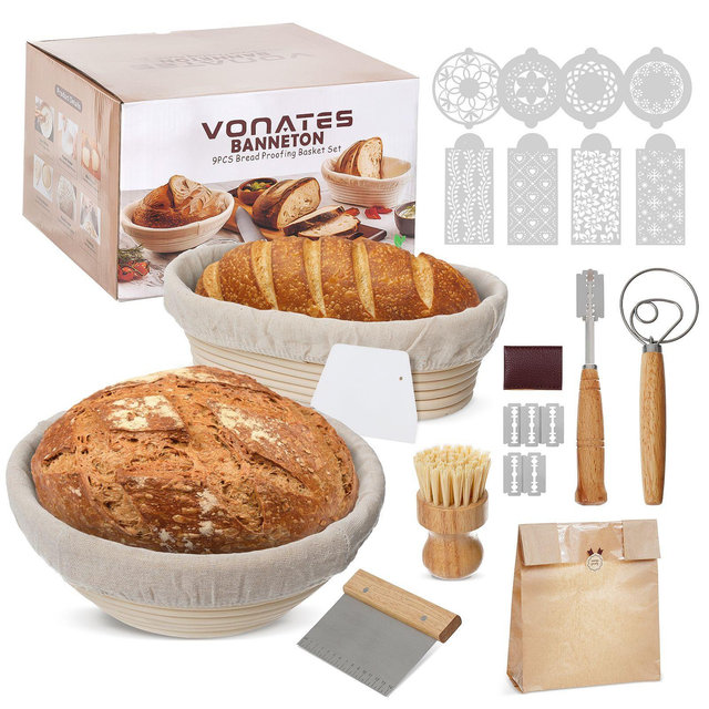 VONATES Sourdough Bread Making Kit – 9" Round & 10" Oval Banneton, Scoring Tools & More for Home Bakers