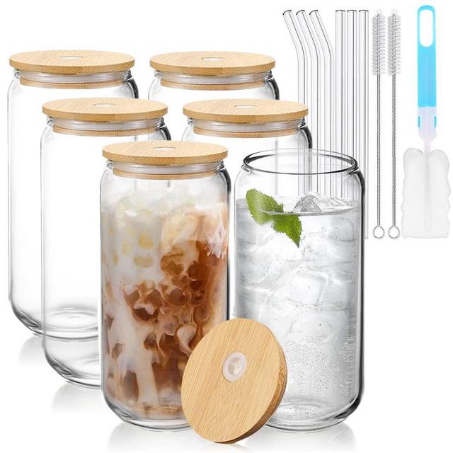 Verdenu 6 Pcs Glass Cups Set, 16oz Drinking Glasses with Lids and Glass Straws, Can shaped Iced Coffee Cup, Clear Beer Can Glass, Cute Tumbler Cup, Ideal for Gift, Homemade DIY Drink
