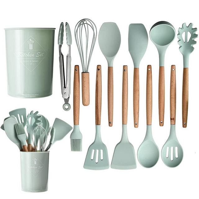 Silicone Cooking Utensil Set,11pcs Kitchen Utensil Set with Holder and Wooden Handle,BPA Free,Non-stick,Heat Resistant Cookware Set,Mint Green