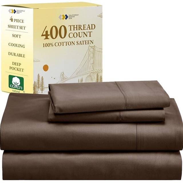 California Design Den Queen Sheet Set 400 Thread Count, 100% Cotton Sateen Sheets for Queen Size Bed, Soft & Breathable, Cooling Brown Sheet, Deep Pocket Bed Sheets (Brown)