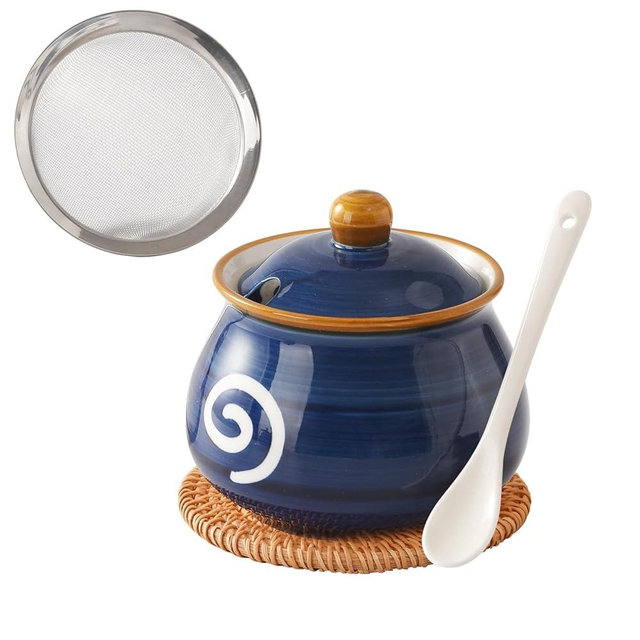 Elyfree Bacon Grease Container with Strainer, Ceramic Bacon Grease Saver with Strainer 23oz, Cooking Oil Storage for Kitchen (Blue and Spiral)