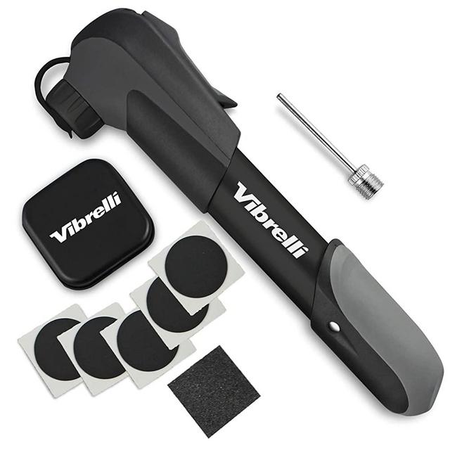 Vibrelli Mini Bike Pump & Glueless Puncture Repair Kit - Fits Presta & Schrader - 120 PSI - No Valve Changing Needed.