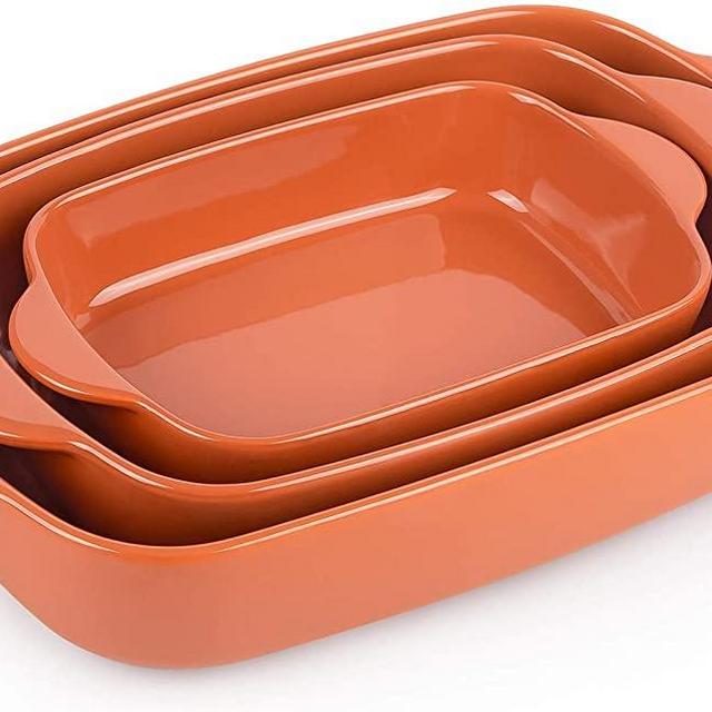 Krokori Baking Dishes, Rectangular Ceramic Baking Pans Set Lasagna Pans Bakeware Set for Oven for Cooking, Lasagna, Dinner, Cake, Banquet and Daily Use - 3PCS (11 X 7.5 inches, Terracotta)