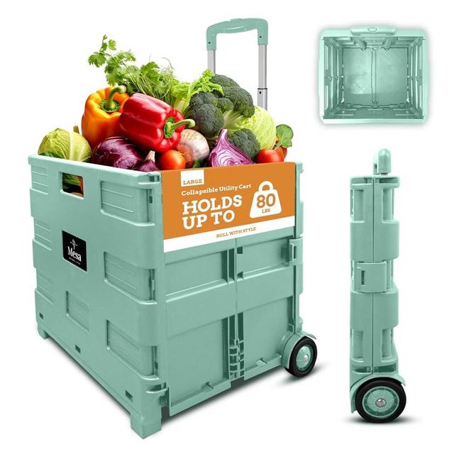 Inspired Living Ultra-Slim Rolling Collapsible Storage Pack-N-Roll Utility-carts, with Telescopic Handle, for Home, Garden, Shopping, Office, School use, Large, Mint