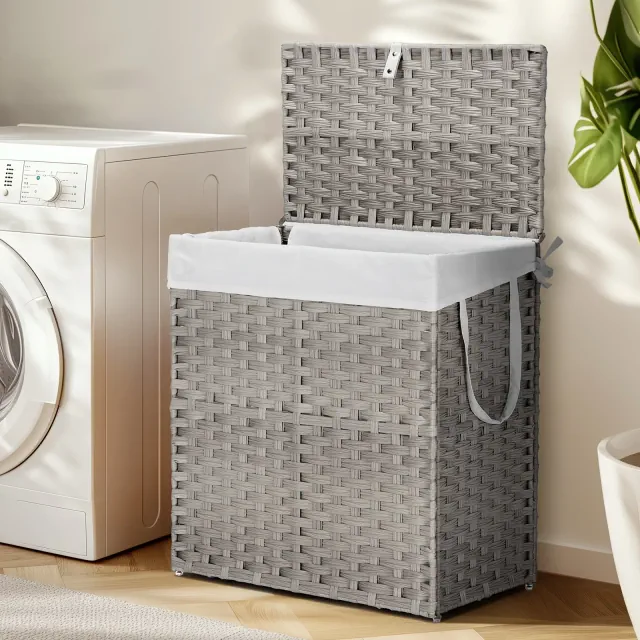 Bestier Laundry Basket with Lid, 110 L Hand-Woven Rattan Laundry Hamper with Compartments & Handles, Foldable, Removable Liner