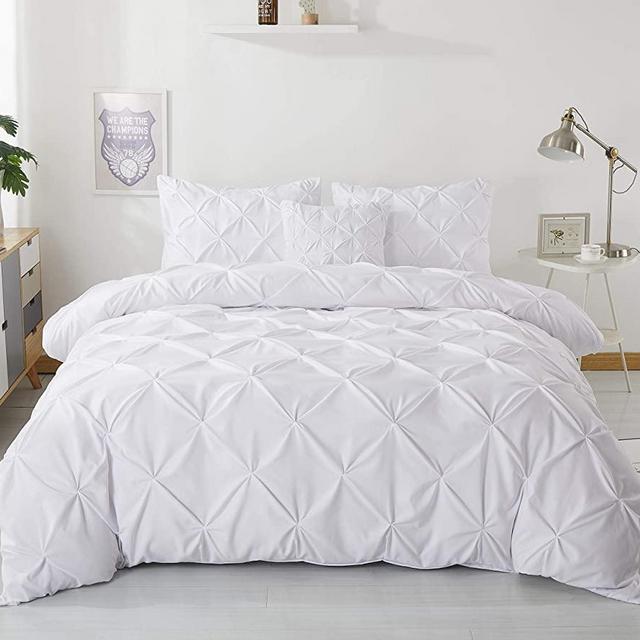 ROHITEX Duvet Cover Set 3PCS - Pintuck Pinch Pleated 120gsm Microfiber Comforter Cover with Zipper Closure Includes Complementary Cushion Cover - King, White