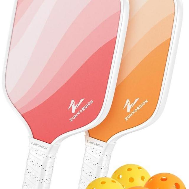 PalProt Pickleball Paddles Set of 2: Cute Pink Orange Fiberglass Rackets with Balls for Beginner - Lightweight Honeycomb Composite Core Spin Racquet for Kids - Women Girly Pickle Equipment | 7oz 14mm