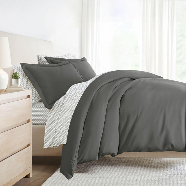 8PC Complete Bedding, Solid Duvet Cover, White Comforter and Patterned Sheet Set - Becky Cameron, Polaris Gray, Queen