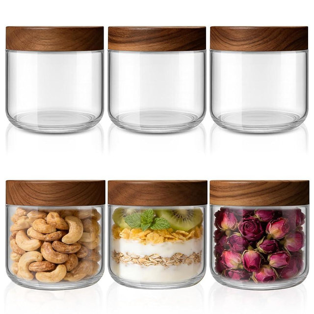 Bumobum 12 oz Glass Mason Jars with Lids, Glass Container with Acacia Wood Airtight Lid, Wide Mouth Canisters for Chia Pudding Loose Tea Coffee Meal Prep Parfait Salad Snacks Yogurt Spice, 6-Pack