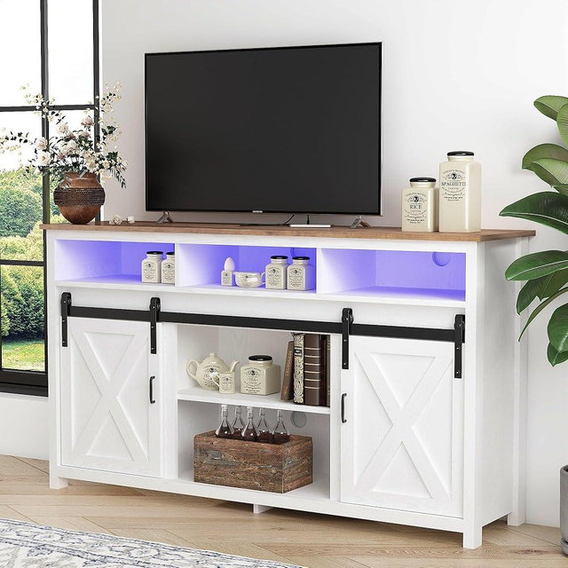 Bolonbi Farmhouse Coffee Bar Cabinet Rustic Sliding Barn Door Storage Cabinet with Power Outlet, Buffet Server Sideboard Cupboard Table for Dining Room Entryway Kitchen White