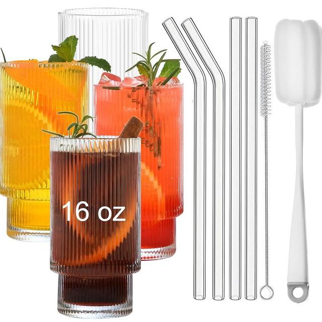 ALINK 16 oz Large Ribbed Glassware Drinking Glasses with Straws Set of 4, Vintage Glassware Iced Coffee Cups, Ridged Glass Tumbler for Coocktail, Whiskey, Beer, Water- 2 Brush