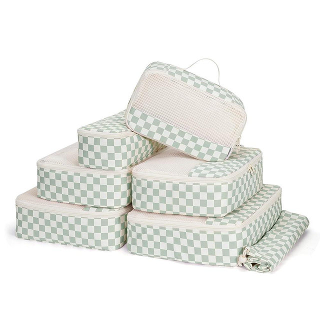 Narwey 7 Set Checkered Packing Cubes for Travel Carry on Suitcase Luggage Organizer Bags for Kids Women Men, Durable Packing Organizers Bag, Travel Essentials Accessories (Mint Green Checkerboard)
