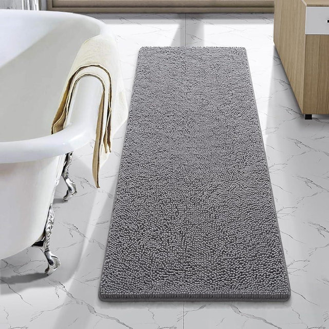 LOCHAS Luxury Bathroom Rug Shaggy Bath Mat 48 x 17 Inch, Washable Non Slip Bath Rugs for Bathroom Shower, Soft Plush Chenille Absorbent Carpets Mats, Gray