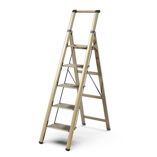 5 Step Ladder for 10 Feet High Ceiling, Lightweight Aluminum Folding Step Stool with Convenient Handgrip, Stepladders with Anti-Slip and Wide Pedal for Home and Kitchen Use Space Saving - Gold