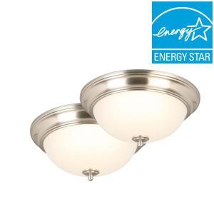 13 in. 180-Watt Equivalent Brushed Nickel Integrated LED Flushmount with Frosted Glass Shade (2-Pack)